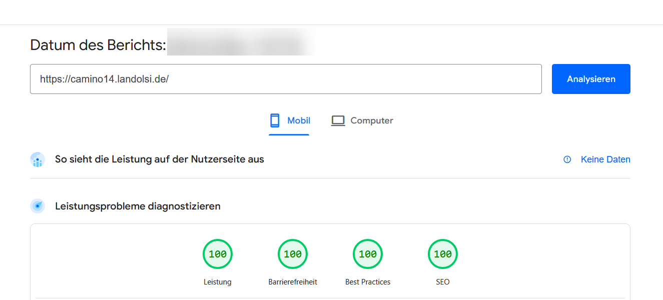 PageSpeed Insights Ergebnis mit 100 Punkten für camino14.landolsi.de auf Mobilgeräten